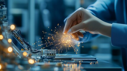 A hand carefully extends toward vibrant sparks of light emerging from equipment in a modern laboratory setting, showcasing advanced scientific experimentation.