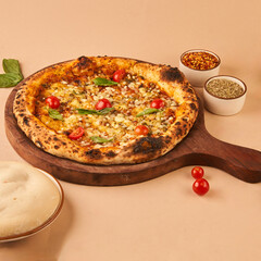 fresh pizza on a wooden table for restaurant menu