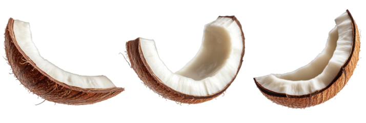 Three sliced coconut pieces isolated on transparent background for tropical fruit concept png
