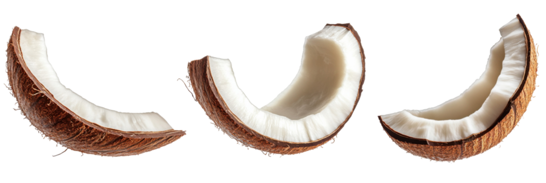 Three sliced coconut pieces isolated on transparent background for tropical fruit concept png
