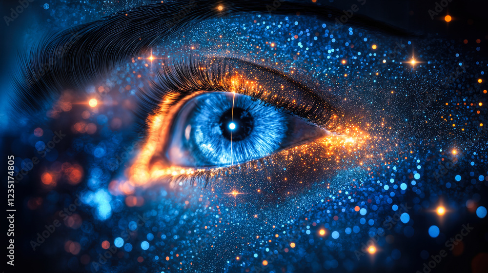 Poster futuristic eye with digital sparks representing generative ai in consumer technologies