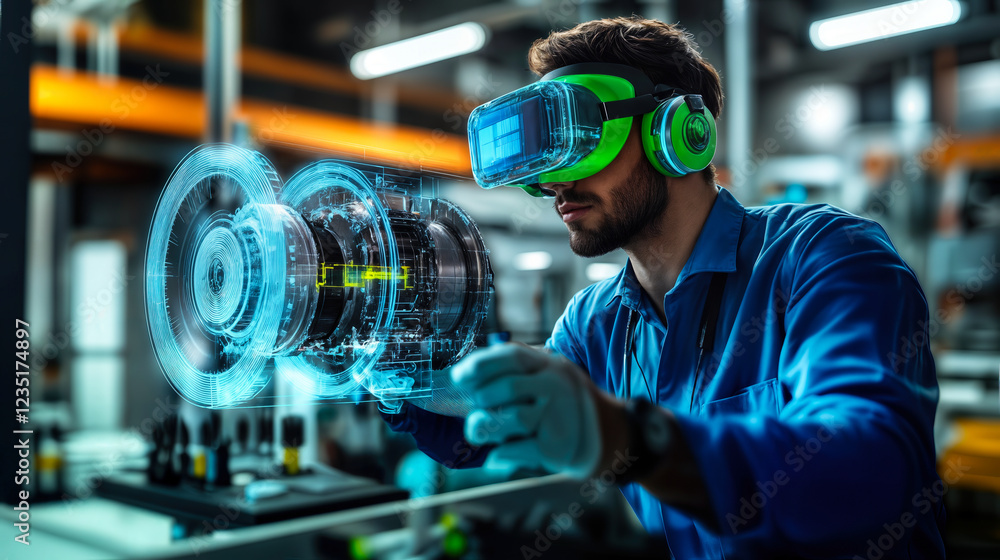 Poster engineer using augmented reality headset with 3d holographic engine model in high tech factory for i