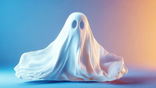 Playful ghost figure under soft pastel lighting with an engaging expression in a creative artistic setting