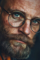 Intense gaze of a man with glasses