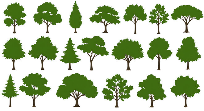 Green trees silhouettes set. Vector hand drawn isolated illustrations of different trees
