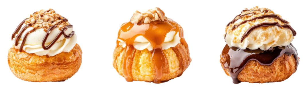 Three cream puffs with chocolate, caramel, and nut toppings on transparent background png