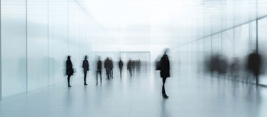 Blurry silhouettes of people walking through a modern, minimalistic glass corridor