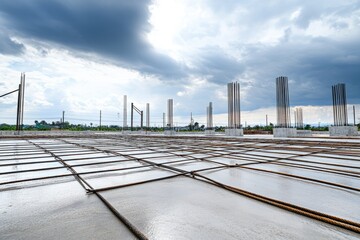 Reinforced concrete foundation with steel rebar at a construction site, essential for structural stability.