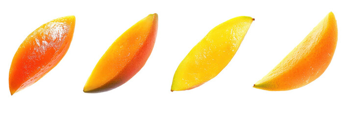 Slices of juicy ripe mango displayed in a row against transparent background png