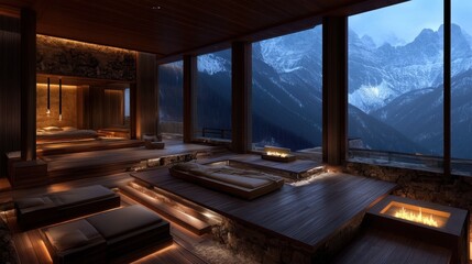 Fototapeta premium Luxurious wellness retreat with mountain views in serene twilight setting