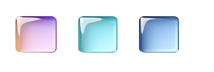 Set of three gradient glossy rectangle icons in purple, aqua, and blue on transparent background png