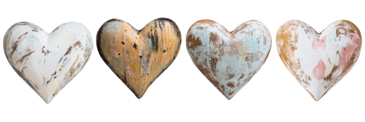 Rustic wooden hearts with vintage texture in assorted styles on transparent background png