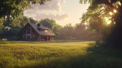 Peaceful countryside landscape at sunset showcasing a charming rustic house and lush green surroundings