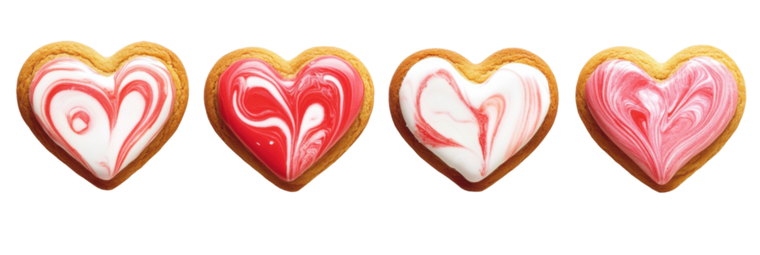 Heart-shaped cookies with swirled pink and red icing on transparent background png - Powered by Adobe