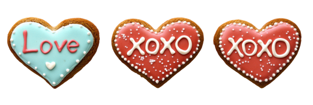 Heart-shaped cookies with love and xoxo messages on icing png - Powered by Adobe