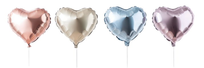 Heart-shaped balloons in rose gold, silver, blue, and pink on transparent background png