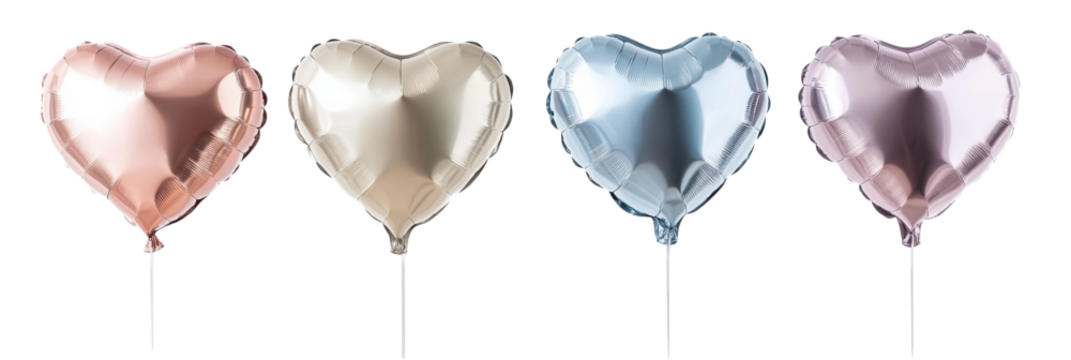 Heart-shaped balloons in rose gold, silver, blue, and pink on transparent background png - Powered by Adobe