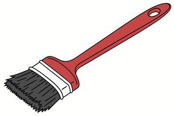 Photograph of a red bristle brush with a red plastic handle and a red plastic grip on the end of the handle. The brush head is filled with black bristles and the bristles are densely packed and appear