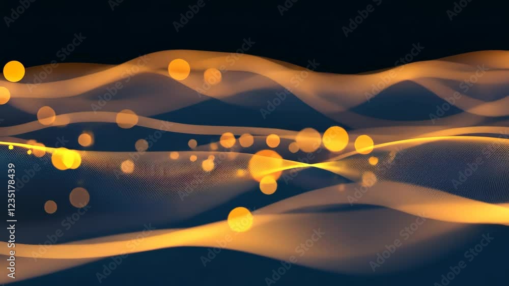 Poster abstract digital data flow on black background with orange glowing particles, modern tech visualizat