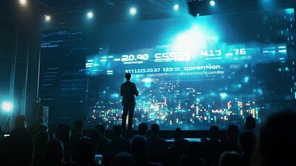 A speaker shares insights on groundbreaking tech to a captivated audience in a vibrant, modern conference hall