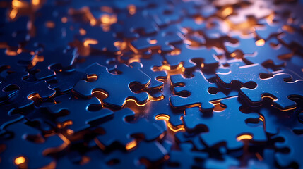 Search engine puzzle pieces, coming together with glowing edges, deep cyber blue, 3d illustration. Cyber Aesthetic. Illustration