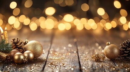 Fototapeta premium Golden Christmas Ornaments on Rustic Wood with Festive Lights