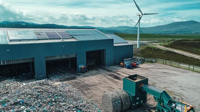 A large recycling facility operates efficiently, showcasing advanced machinery compacting waste against a backdrop of wind turbines and solar panels