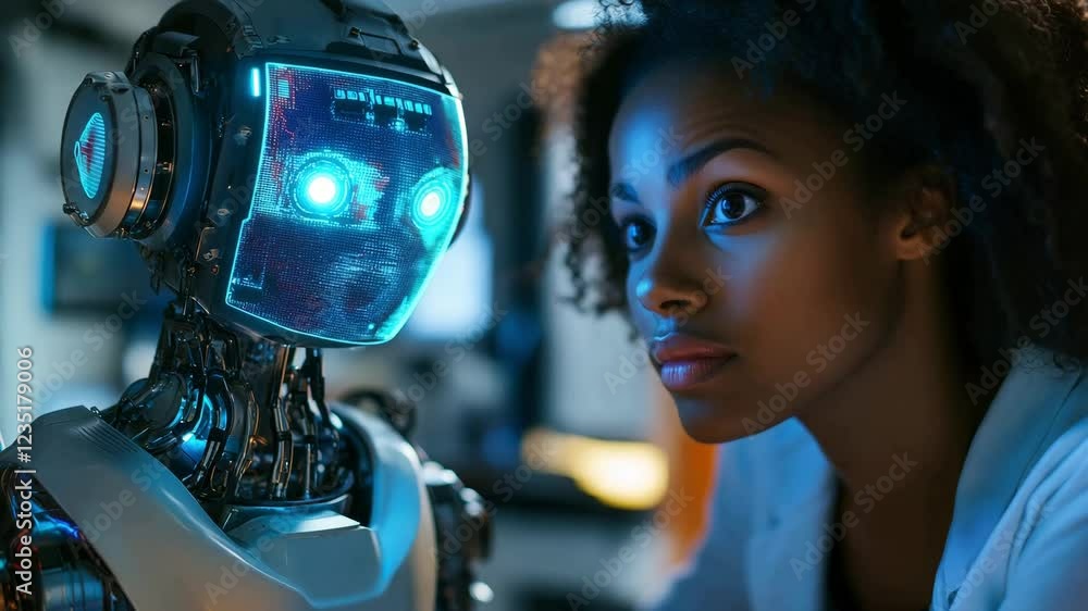 Aufkleber a researcher woman engages in an interaction with an advanced humanoid robot in a high tech lab duri