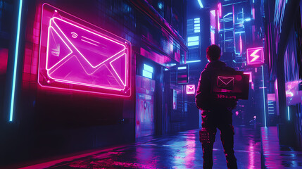 Stylized digital featuring a vibrant neon lit cyber punk aesthetic with interconnected motifs of a user profile envelope icon. Cyber Aesthetic. Illustration