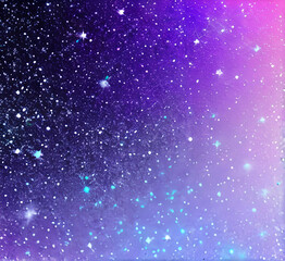 Obraz premium Night cloudy sky. Purple and blue abstract space with stars and sparkles. Cute dreamy wallpaper with magic light. Dark evening heaven landscape.gradient sunrise with twilight calm dusk.generative ai