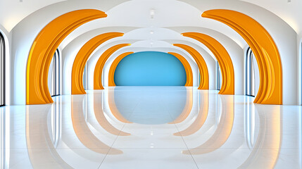 Obraz premium Modern orange arch hallway, glossy floor, blue wall, architectural design, interior render