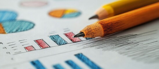 Close-up of colored pencils on a financial report with graphs and charts in background