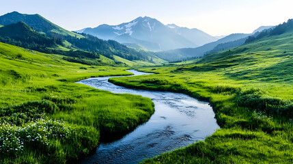 Serene mountain river valley landscape; nature background (1)