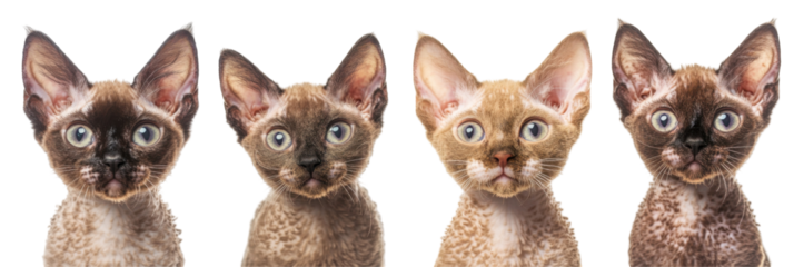 Four devon rex cats with unique fur patterns and large ears on transparent background png