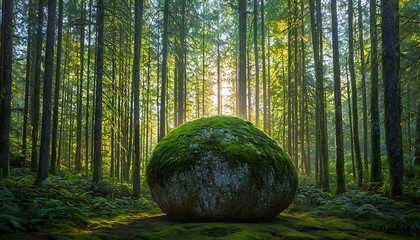A moss-covered boulder resting under a canopy tall trees in a serene forest