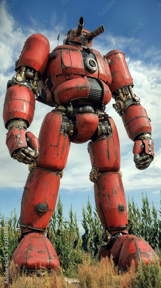 Poster a large red robot stands in a field. ai.