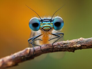 A close-up of a damselfly with striking blue eyes. AI.