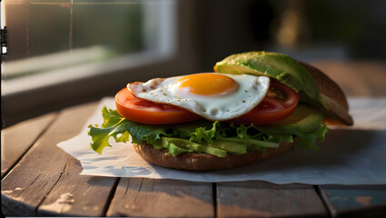 A cinematic, golden-hour-lit photograph of a delectable breakfast avocado sandwich, topped with a runny fried egg, juicy sliced tomato, and crisp lettuce, on a distressed wooden table, with a hint