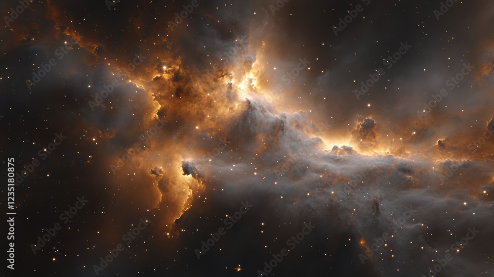 Poster cosmic nebula with fiery clouds and stars in deep space universe