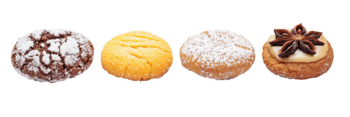 Four assorted cookies with icing sugar and star anise on transparent background png