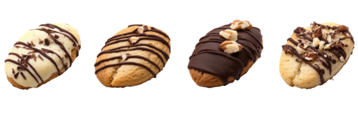 Four assorted cookie bars with chocolate drizzle and nuts png