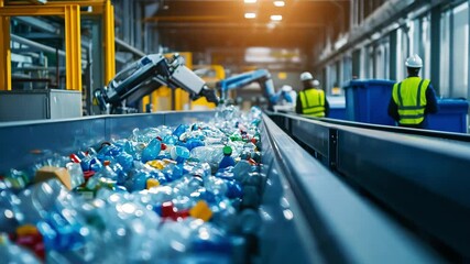 Workers sort and manage recyclable plastic materials on a conveyor belt in a waste management facility - Powered by Adobe