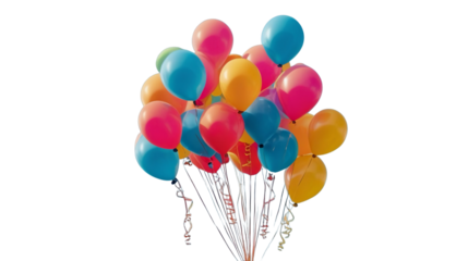 a bunch of brightly colored balloons floating upwards with ribbons attached