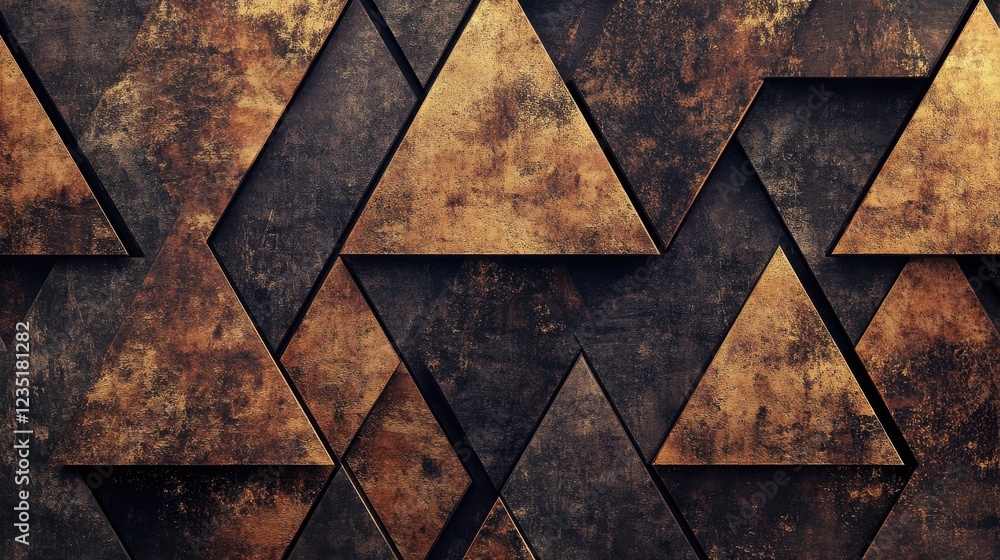 Poster abstract golden triangles on dark textured surface for background use