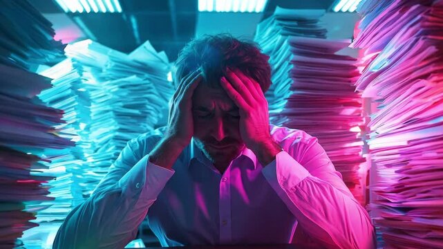A businessman sits at a desk surrounded by piles of paperwork, tired of stress and frustration in a neon lit office setting