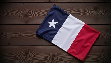 Rustic wooden table with Texas flag folded neatly, celebrating Texas Independence Day