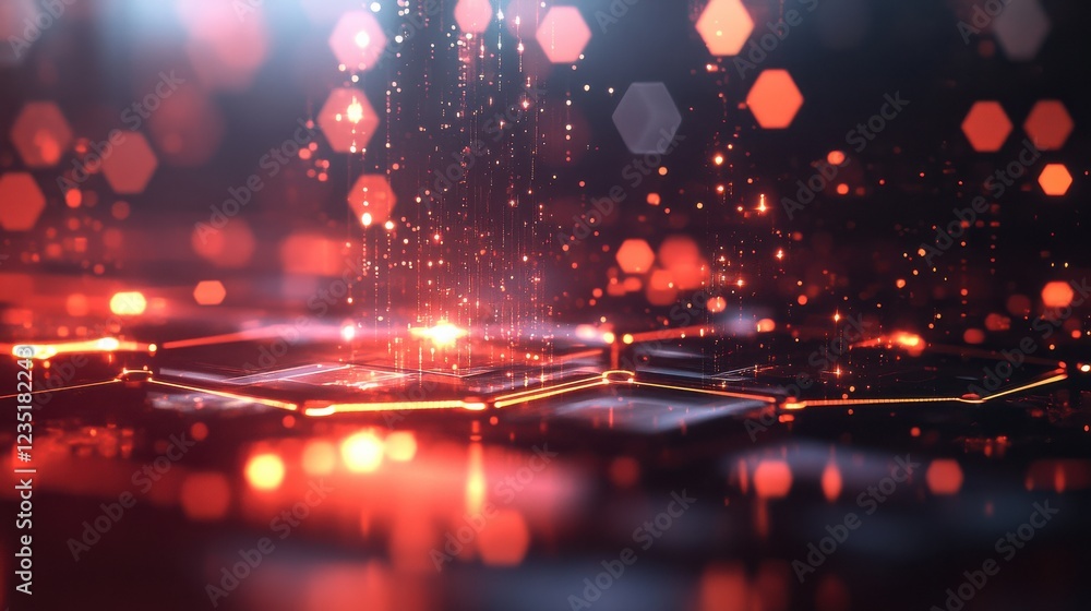 Poster abstract digital hexagonal pattern with glowing particles effect