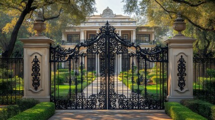 A large house with a black gate and a white trim