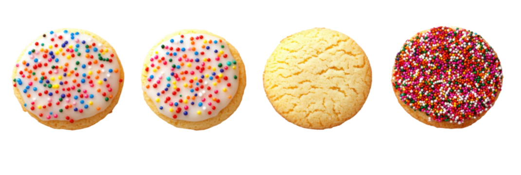 Colorful sprinkle and sugar cookies on transparent background for dessert lovers png