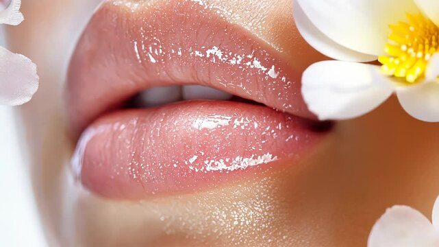 Beautiful full pink nude lips Protection with gloss and white flowers showing perfect smile and healthy skin spring video 4k